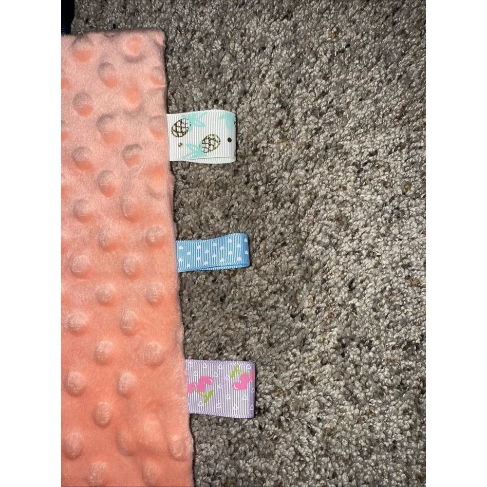 Insular Coral Minky Dots Velour Ribbon Tags Security Blanket Lovey‎ 9x9.5